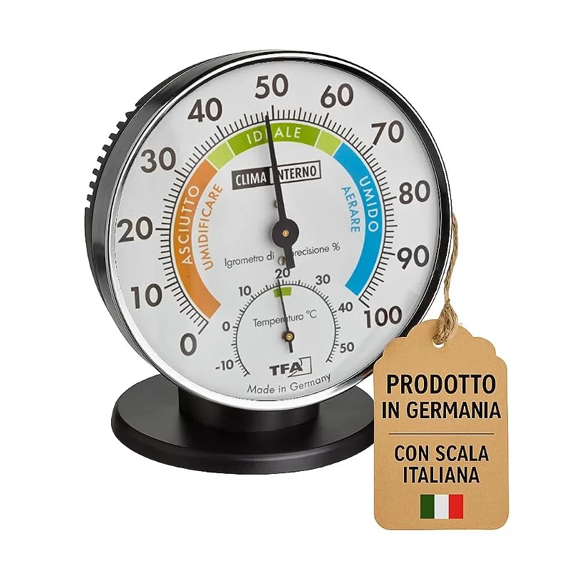 TFA Dostmann Termometro Igrometro di precisione, 45.2033.IT, Termoigrometro per la climatizzazione ambienti interni, scala analogica italiana, con zone di comfort, controllo di temperatura e umidità — Umidificatore