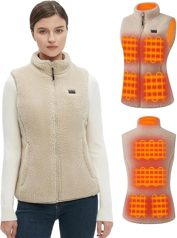 Soffice gilet riscaldante da donna con power bank da 16000 mAh 7, 4 V inclusa, gilet riscaldante Sherpa da donna, gilet termico elettrico in pile per sci all'aperto — Abbigliamento riscaldato