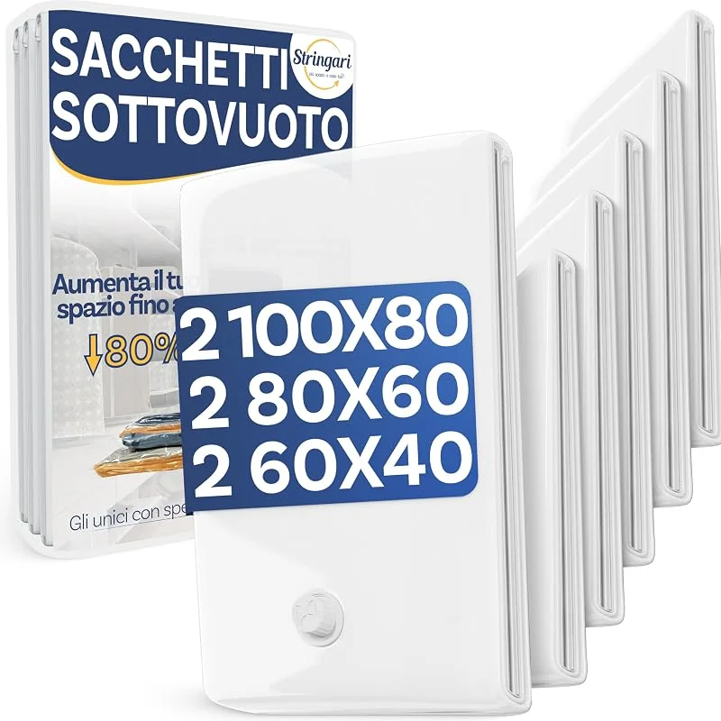 Stringari 6 Sacchi: 2 XL 100x80-2 L 80x60-2 S 60x40 - Sacchetti Sottovuoto Vestiti con Spessore 90 Micron - Buste di Qualità Superiore per Piumoni - Sacchi Salvaspazio per Armadi e Cambio Stagione — Umidificatore