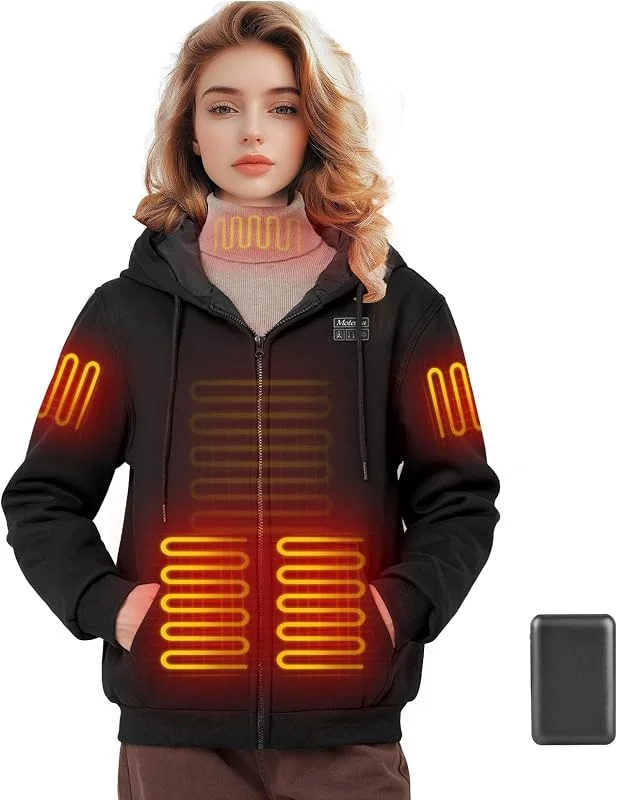 Felpa con cappuccio riscaldata per donna con batteria da 7, 4 V e 16000 mAh Felpa riscaldata per donna aggiornata con 6 zone di riscaldamento Nero scuro — Abbigliamento riscaldato
