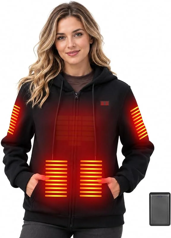 Felpa con cappuccio riscaldata da donna con fodera in pile, protezione invernale dal freddo, calda e casual, con 6 zone di riscaldamento e batteria da 7, 4 V, batteria da 16000 mAh (L, nero) — Abbigliamento riscaldato