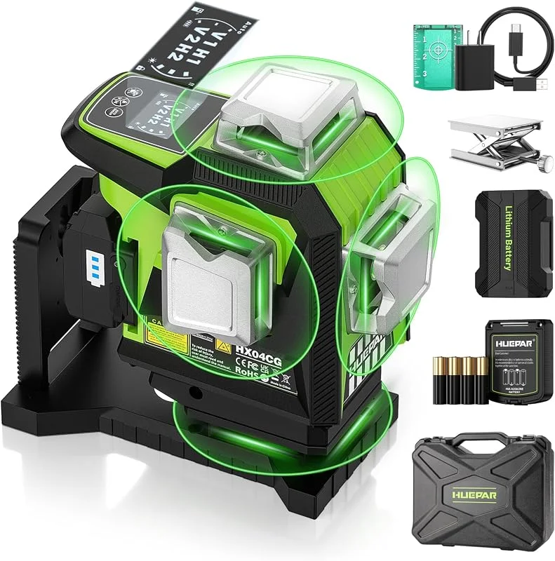 Huepar Livella Laser Autolivellante Professionale 16 Linee, 4 X 360° Livello Laser Verde Dotato di batteria agli ioni di litio + batteria AA，con display LCD e modalità impulso - base magnetica-HX04CG — Riscaldamento