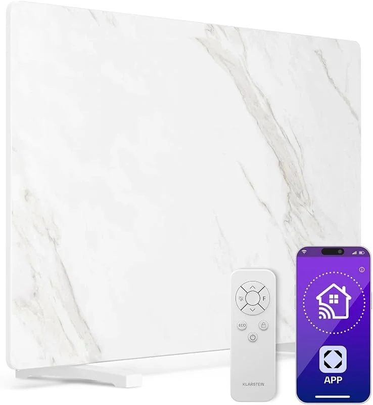 Klarstein Pannelli Radianti Infrarossi 600W – Parete o Indipendente, WiFi, Termostato, Timer, Sicurezza Bambini, IP43, Design Marmo, Riscaldamento a Infrarossi 12m², Bianco