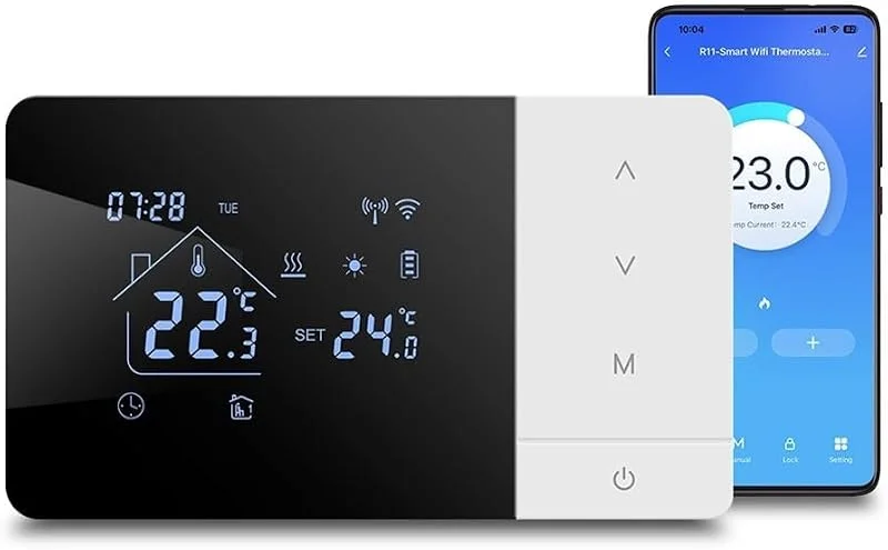 Programmabile termostato wifi per Riscaldamento e Raffreddamento, termostato caldaia, Compatibile con per Tuya per Smart Life e Assistenti Vocali Alexa, Alice, Blocco Bambini e Protezione Antigelo