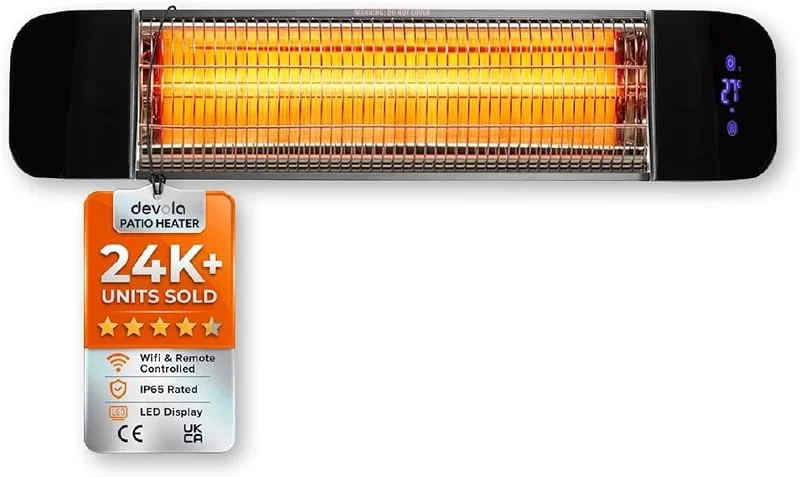Devola DVPH1200B - Riscaldatore elettrico a infrarossi da parete con Wi-Fi abilitato e telecomando, 4 impostazioni di alimentazione, timer 24 ore IP65, per uso esterno, interno, display LED per bambini — Riscaldamento