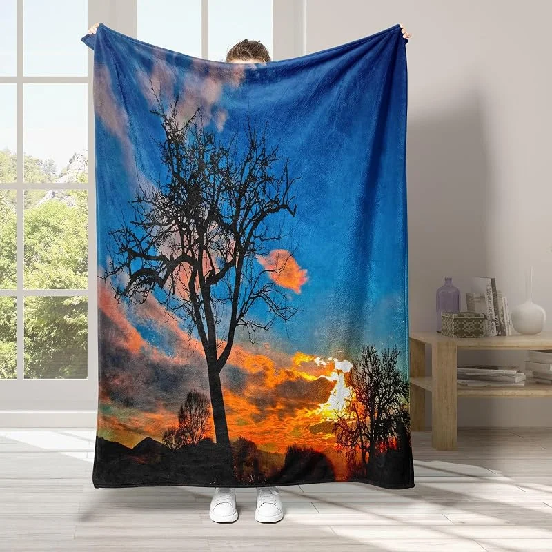 Albero Coperta di Flanella 220x240cm, Cielo Azzurro Blanket Morbido Caldo e Confortevole, Modello di Copert con Stampa 3D, Adatto a Tutte le Stagioni — Riscaldamento
