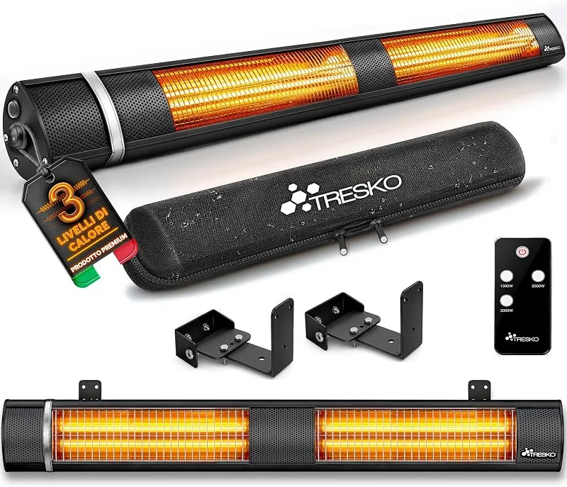 TRESKO Stufa a Infrarossi 3000W con Telecomando, Riscaldatore Elettrico Patio con 3 Livelli di Calore, Riscaldatore Patio Interno & Esterno, Riscaldatore a Parete Riscaldatore al Quarzo (Nero) — Riscaldamento