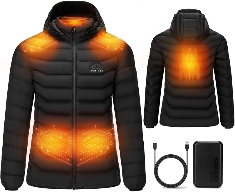 HEWINZE Giacca da donna riscaldata con cappuccio, piumino caldo da donna, giacca invernale per escursioni all'aria aperta, caccia, moto, campeggio — Abbigliamento riscaldato