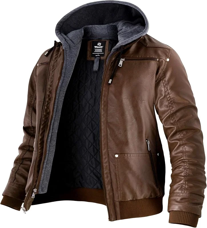 Wantdo Giacca Pelle Uomo Giubbotto Moto Calda con Cappuccio — Abbigliamento riscaldato