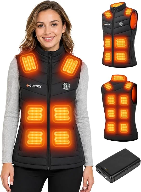 Gokozy Gilet riscaldato da donna con batteria da 7, 4 V 16000 mAh, riscaldamento intelligente 4 in 1 a 5 zone, lavabile in lavatrice, leggero, per escursioni invernali e lavoro all'aperto — Abbigliamento riscaldato