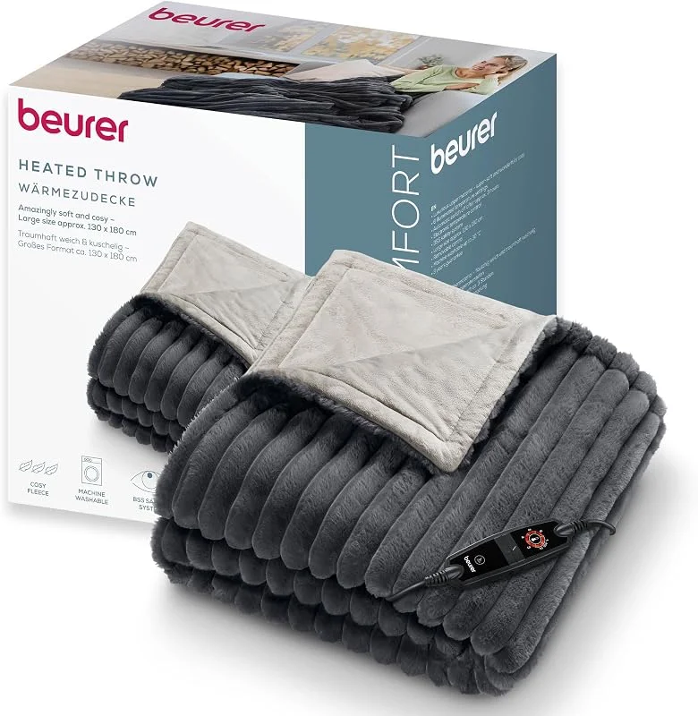 Beurer HD 82 Stockholm termocoperta soffice in materiale di lusso, coperta riscaldante con 6 livelli di calore, spegnimento automatico e sistema di sicurezza, lavabile in lavatrice a 30 °C, grigia — Riscaldamento