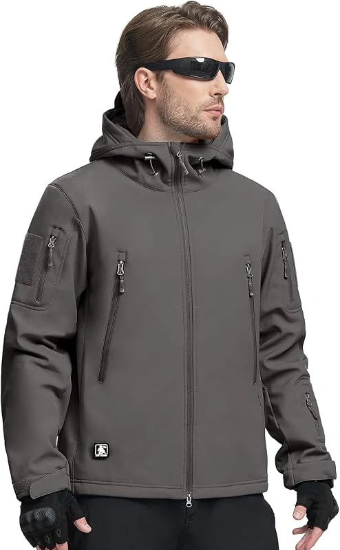 FREE SOLDIER Giacche Militari Softshell da Uomo Fodera in Pile da Esterno Giacca Antivento Impermeabile con Cappuccio Giacche tattiche Calde Multitasche per Escursioni di Caccia (Grigio chiaro, 3XL) — Abbigliamento riscaldato