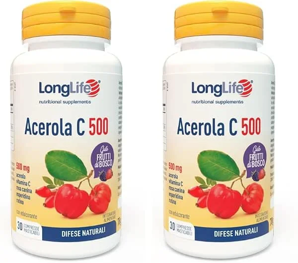 LongLife® Acerola C 500, Integratore masticabile con acerola, vitamina C, rosa canina, esperidina e rutina, Difese immunitarie, 30 cpr, Gusto frutti di bosco, Vegano e senza glutine — Bellezza