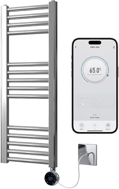 Scaldasalviette elettrico cromato intelligente controllato tramite WiFi, piatto, programmabile per 7 giorni, compatibile con app (300 mm di larghezza x 800 mm di altezza) — Riscaldamento