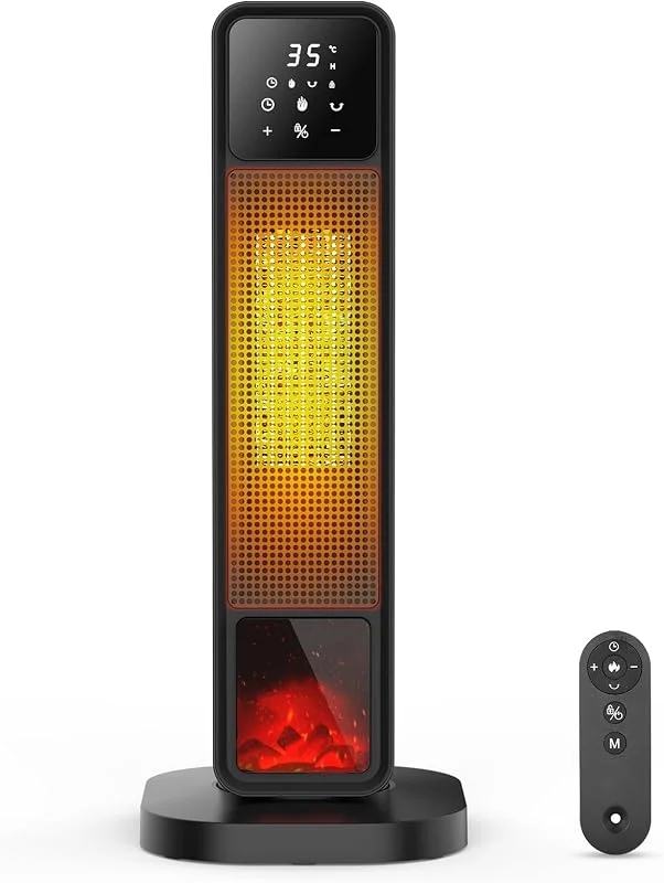 Termoventilatore a Colonna, Stufa Elettrica Basso Consumo 2200W PTC, Stufa Elettrica con Effetto Camino LED, Telecomando, Oscillazione, Timer 12H, Múltiples Funciones de Protección — Riscaldamento