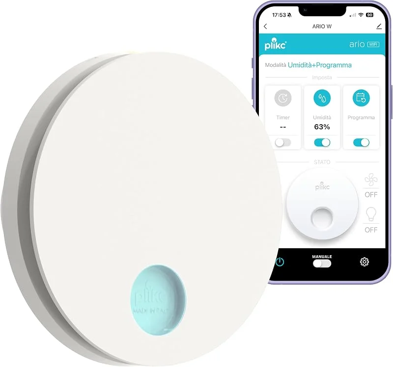 plikc Aspiratore WIFI da parete ad aspirazione assiale serie Ario W - Alimentazione 230Vac - 100% MADE IN ITALY (Bianco, Foro Ø118) — Umidificatore