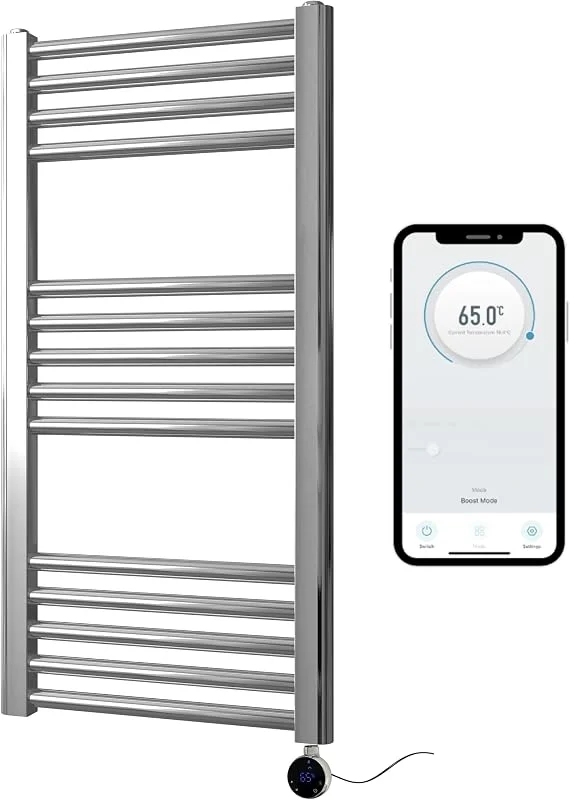 Termoarredo elettrico con WiFi e controllo Smart, scalda asciugamani in cromo, 400 mm (L) x 800 mm (A), piano, timer programmabile 7 giorni, compatibile con app — Riscaldamento