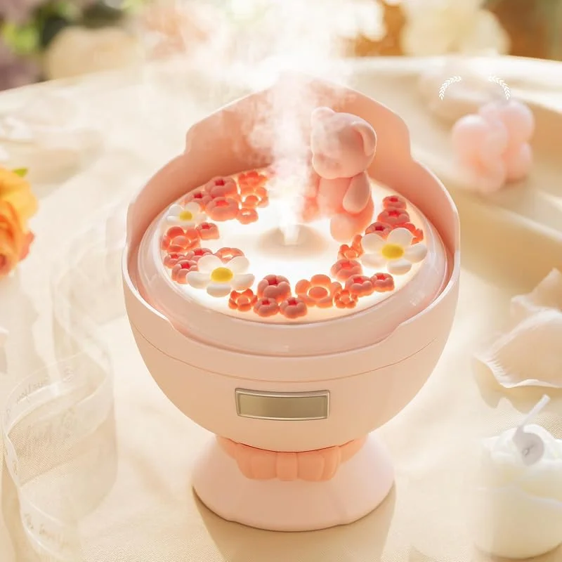 Umidificatore a bouquet di fiori per camera da letto, casa, ufficio, 230 ml, umidificatore con luce notturna e timer, 2 modalità di spruzzo, umidificatori portatili da scrivania ricaricabili per