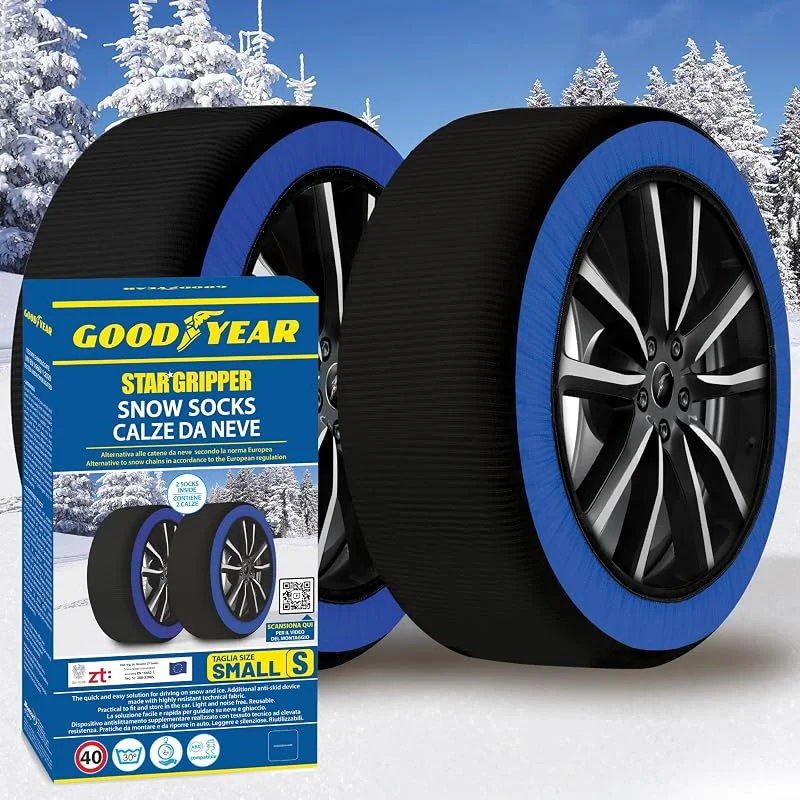 Goodyear Calze da Neve Star Gripper Omologate Italia EN 16662-1:2020 Due Catene da Neve in Tessuto per Auto, Snow Sock Taglia S, per R13 - R17 (Misure per Pneumatici Dettagliate all'Interno) — Abbigliamento riscaldato