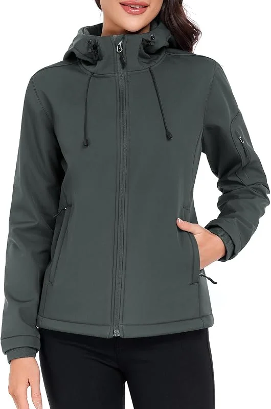 CMTOP Giacca Softshell Donna in Pile Caldo Giacca Idrorepellente Giacca a Vento Autunno Inverno Primavera Giubbotto Con Cappuccio per Trekking Running Pesca Ciclismo — Abbigliamento riscaldato