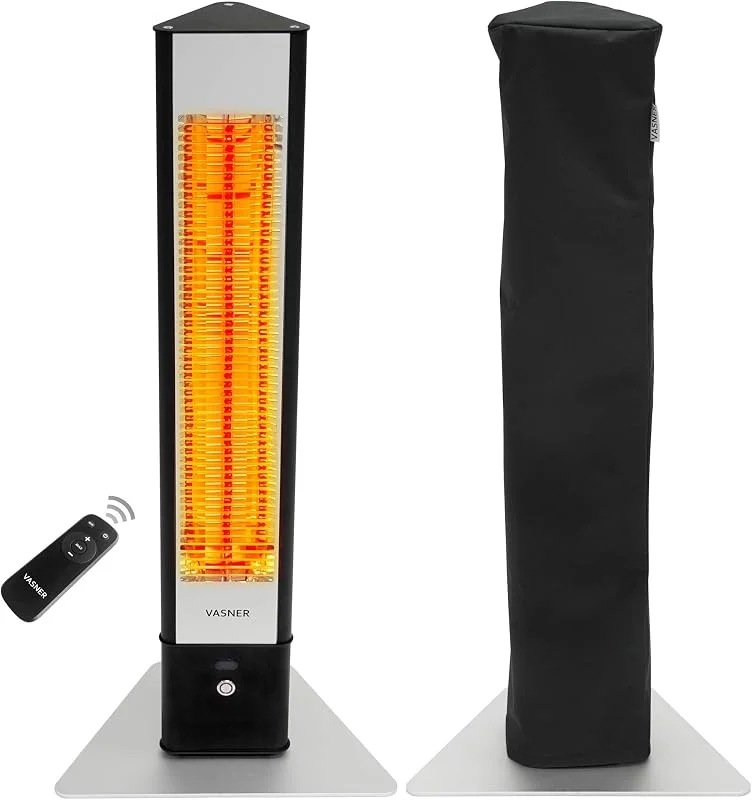 VASNER HeatTower - riscaldatore radiante a infrarossi + copertura protettiva, 2500 W, elettrico, 4 livelli di calore, telecomando, metallo (Nero) — Riscaldamento