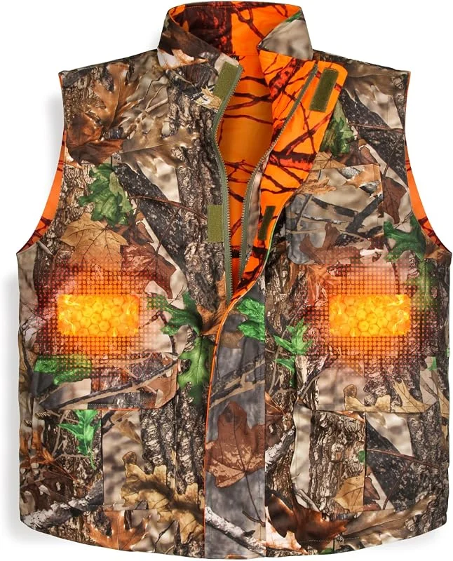GUGULUZA Gilet riscaldato reversibile mimetico e arancione per caccia, gilet di sicurezza per giochi di riscaldamento leggero per escursionismo — Abbigliamento riscaldato