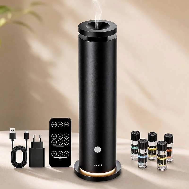 Diffusore di Oli Essenziali Senza Acqua, Starter Kit con 5 Oli, Nebulizzatore 150 m², 6 Livelli Intensità, Telecomando, Timer 1-8 h, 20 dB, Diffusore Senza Acqua Nero, Soggiorno Camera Hotel SPA — Casa e cucina