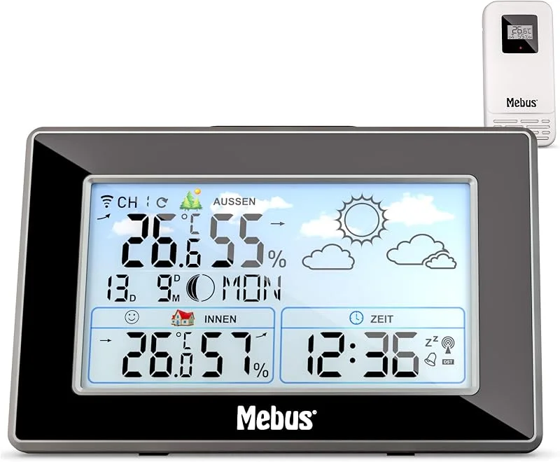 MEBUS Stazione meteo radiocomandata con sensore esterno, termometro, igrometro, orologio radio, indicatore di benessere valutato clima ambiente, previsioni meteo, calendario lunare, sveglia, colore — Umidificatore