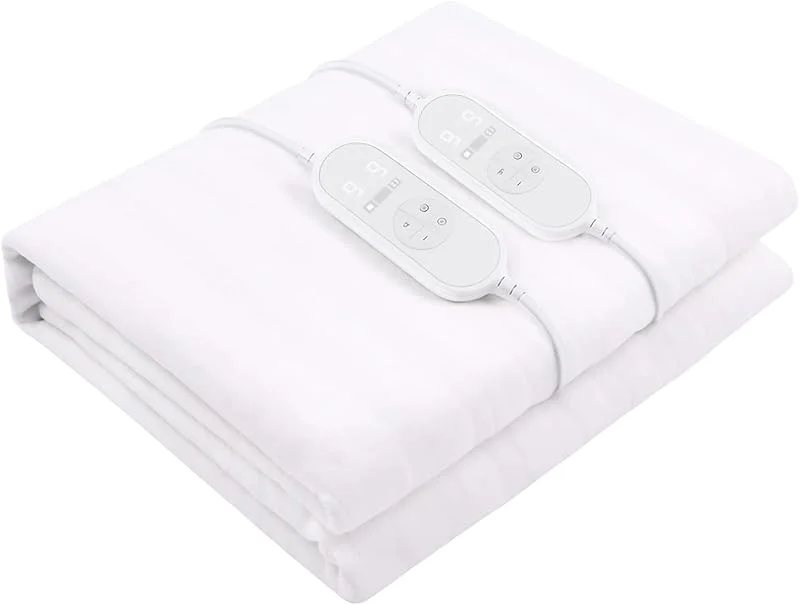 Scaldaletto Elettrico Matrimoniale 170 x 150 cm in Poliestere 9 Livelli di Temperatura 2 Controller Indipendenti Spegnimento Automatico 1-9h Anti-Surriscaldamento Elastici agli Angoli Lavabile Bianco