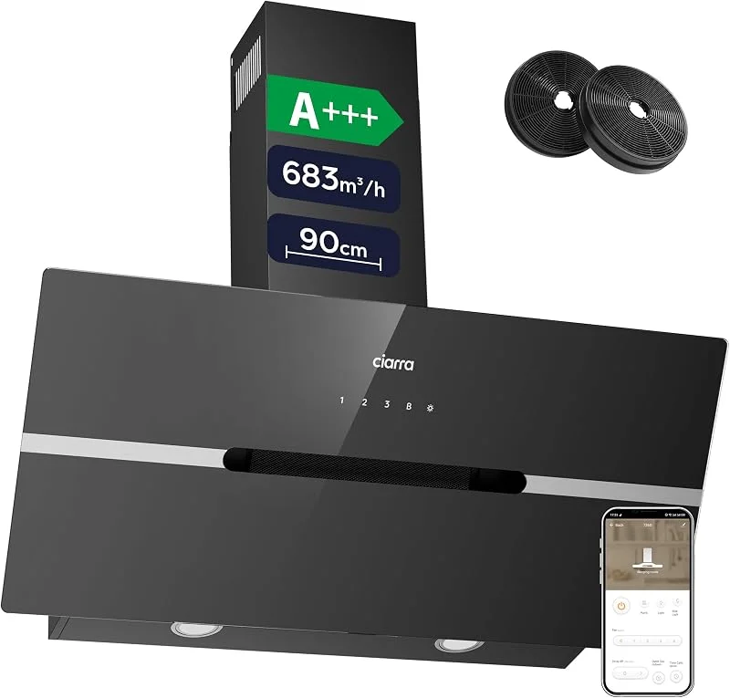 CIARRA CBCB9736F Classe A+++ Cappa Aspirante Inclinata 90cm 60dB Nero — Riscaldamento