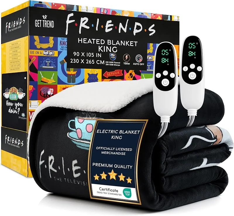 FRIENDS Coperta Elettrica King Size 230x265cm, Morbido Plaid in Pile Sherpa, 9 Impostazioni Calore e 12-Ore Timer Spegnimento Automatico (Nero Friends, King EU) — Riscaldamento