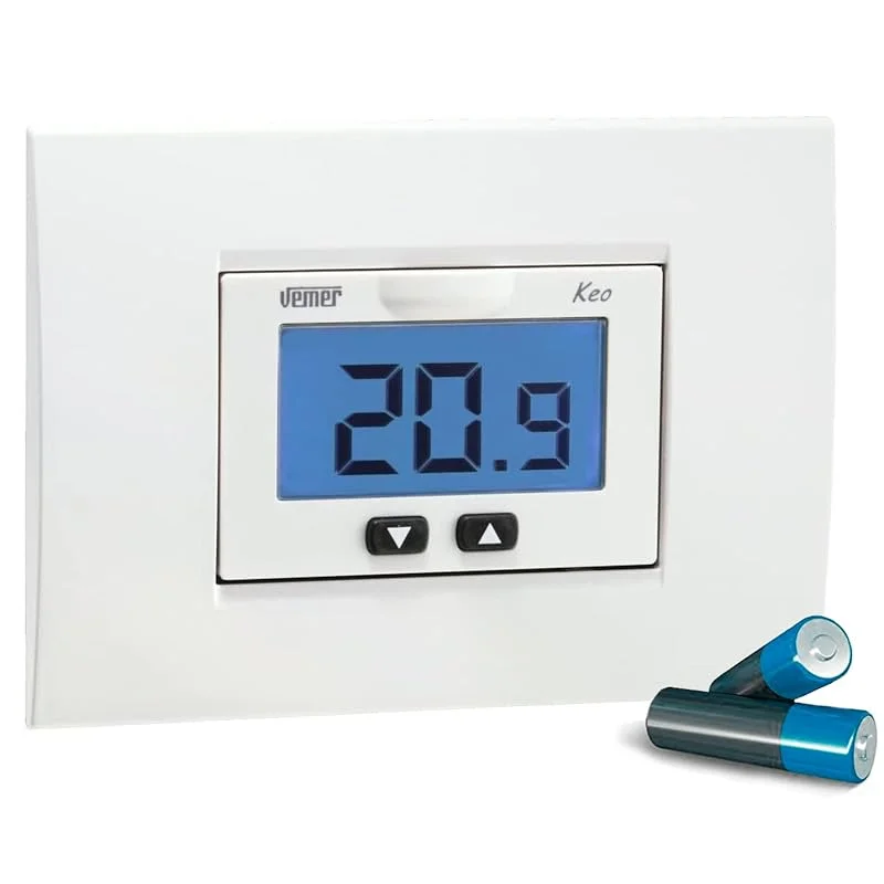 VEMER - Termostato da Incasso KEO-B LCD VE267100 con Display Retroilluminato, Alimentazione a Batterie, Frontalini Intercambiabili, Compatibile Scatole 503 Bianco Grigio Antracite — Riscaldamento