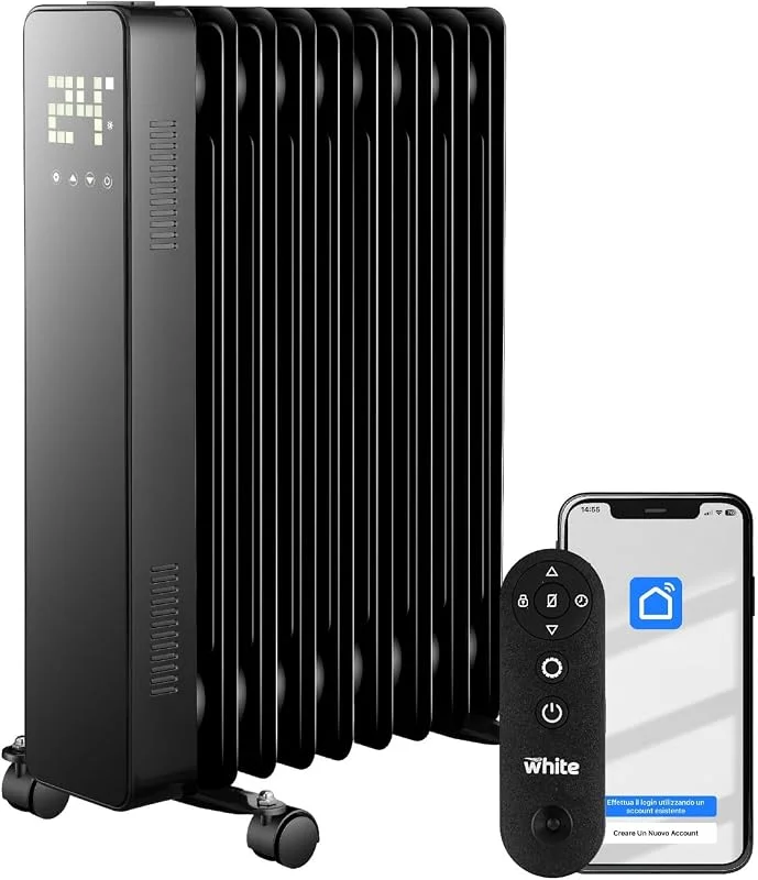 White - Radiatore Elettrico Ad Olio 9 Elementi. Stufa Elettrica A 220v. Telecomando Incluso, Funzione Touch. Display Led Luminoso. Calorifero Elettrico Con Ruote — Riscaldamento