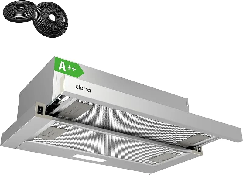 CIARRA CBCS6906D Cappa Aspirante Telescopica 60 cm A++ 391 m³, h Argento — Riscaldamento