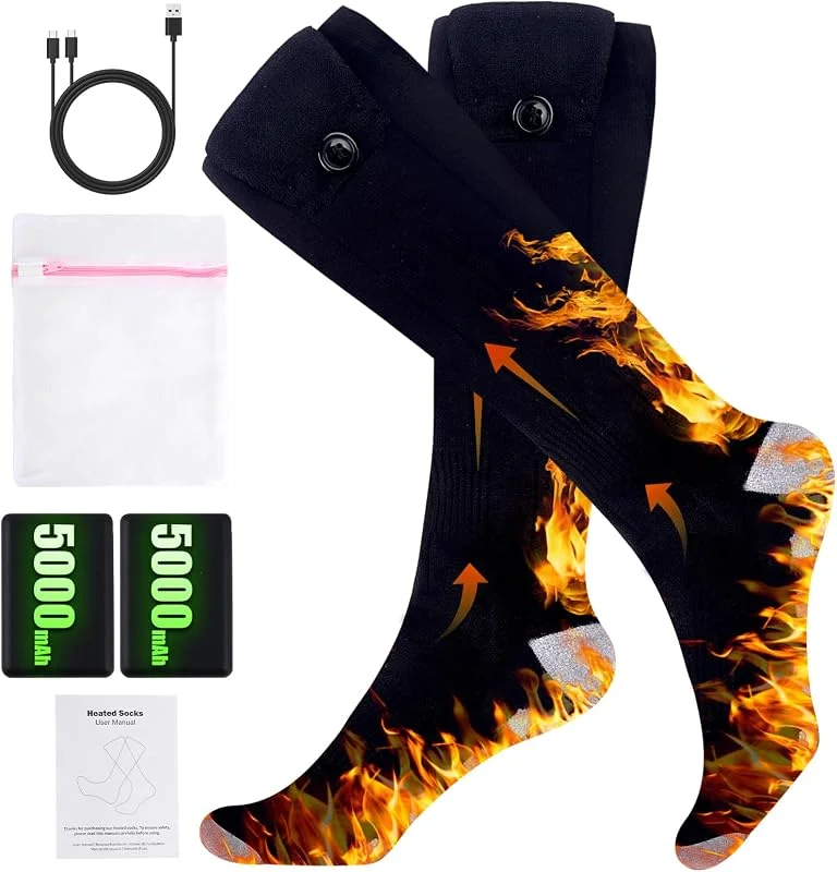 Calze Riscaldate a Batteria, 5000mAh Calzini Riscaldati, Calze Riscaldate Ricaricabili per Uomo Donna con 4 Livelli Temperatura Calze Riscaldanti Elettrica per Campeggio Ciclismo Pesca Sci — Abbigliamento riscaldato