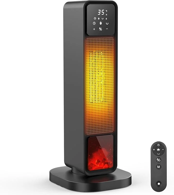 Stufa Elettrica Basso Consumo, 2200W Termoventilatore Elettrico a Torre PTC, Stufa Elettrica con Telecomando, Effetto Camino, Timer 12H, Oscillazione 70° e Doppia Protezione, per Uso Interno — Riscaldamento