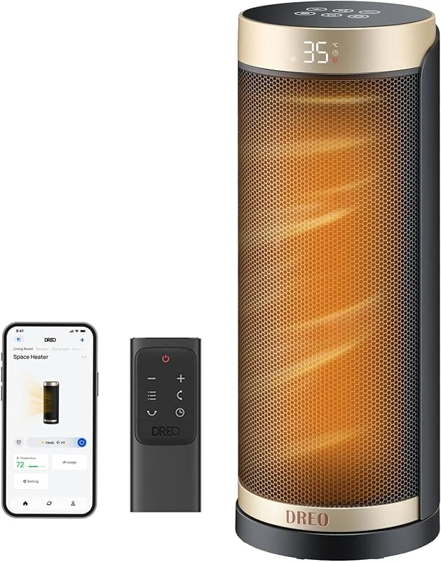 Dreo Stufa elettrica intelligente da 2000 W, per camera da letto, 40, 6 cm, con oscillazione a 70°, termostato e telecomando, 3 modalità, 3 velocità, timer da 12 ore, riscaldamento elettrico per