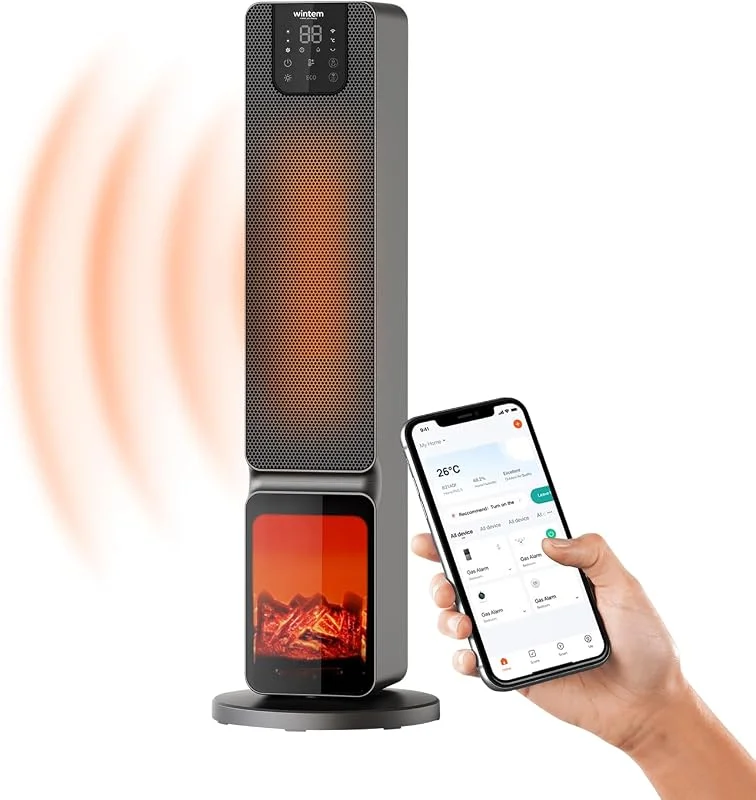 Stufa a Torre con Effetto fiamma e Controllo da Smartphone con App Caminetto Elettrico Doppia Potenza 800, 2000W Display a LED con Telecomando — Riscaldamento