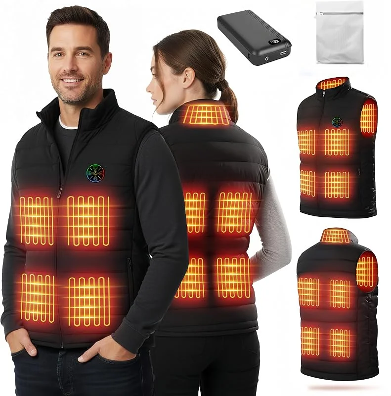 Gilet riscaldato per uomo e donna, Power Bank, 9 zone di riscaldamento e 3 livelli di temperatura regolabili, lavabile, senza maniche, con colletto alla coreana e borsa per la biancheria, per sport — Abbigliamento riscaldato