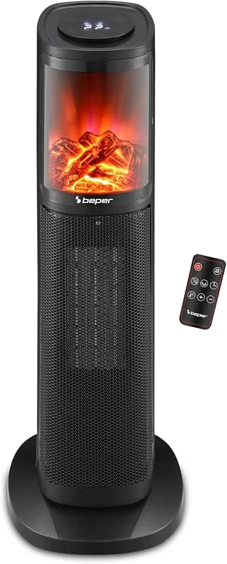 BEPER P203TER010 Termoventilatore ceramico a colonna, 2000w, Pannello di controllo touch, Fiamma LED, Telecomando incluso, Nero — Riscaldamento