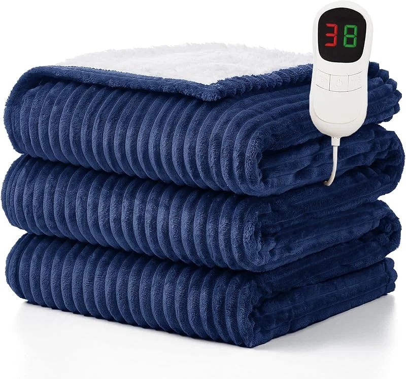 Homemate Coperta elettrica riscaldata blu navy - 130 x 160 cm, 1, 2, 4, 6, 8 ore Auto-Off 10 livelli di calore protezione dal surriscaldamento morbida flanella Sherpa coperta lavabile