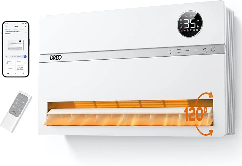 Dreo Radiateur mural intelligent, chauffage électrique pour chambre, oscillation verticale 120°, thermostat réglable, télécommande, minuterie 24h, installation facile, compatible Alexa, WH719S — Riscaldamento