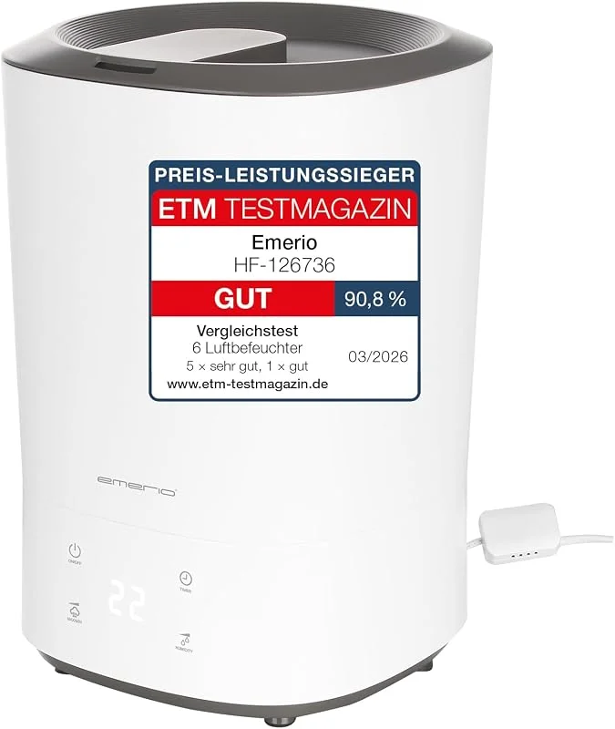 EMERIO Umidificatore ad ultrasuoni con filtro dell'acqua sostituibile, funzione aroma, display, 3 velocità e super facile da riempire dall'alto, ultraleggero 35 db, per ambienti fino a circa 30 m²