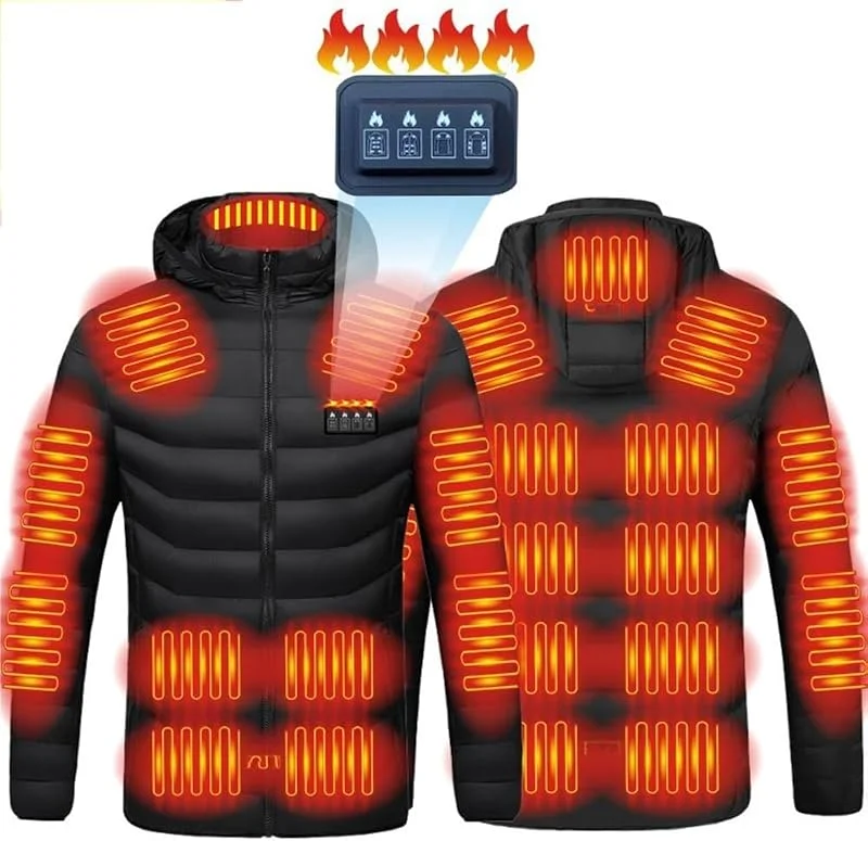 Cappotto Riscaldato con Cappuccio, Giacca Riscaldata a 21 Zone di Riscaldamento for Uomo e Donna, Gilet Riscaldato con Ricarica USB Piumino Caldo con Cappuccio for Pesca Moto Caccia Sci Campeggio — Abbigliamento riscaldato
