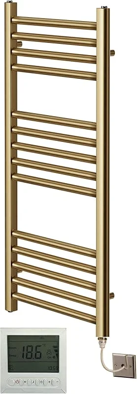 Scaldasalviette elettrico in ottone spazzolato dritto, 400 mm di larghezza x 800 mm di altezza, termostato + timer e termostato — Riscaldamento