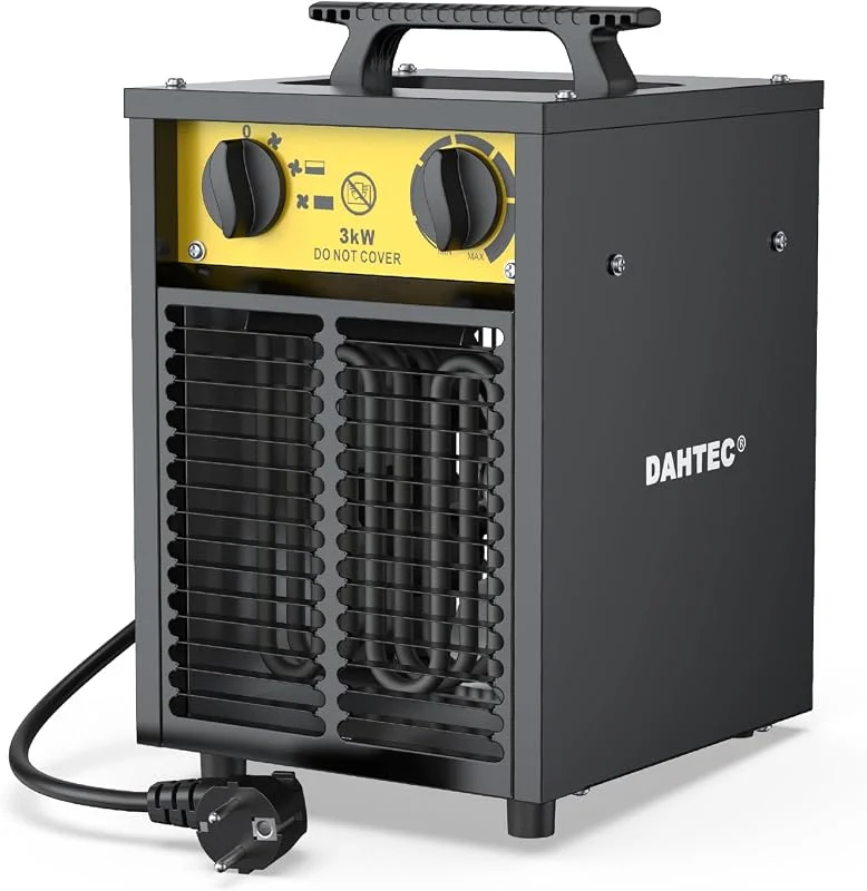 DAHTEC Termoventilatore 3000 W - Radiatore Elettrico Avanzato - Basso Consumo - Inclinazione naturale di 3, 5°, Termostato e Protezione da Surriscaldamento - per Casa, Bagno o Il Cantiere