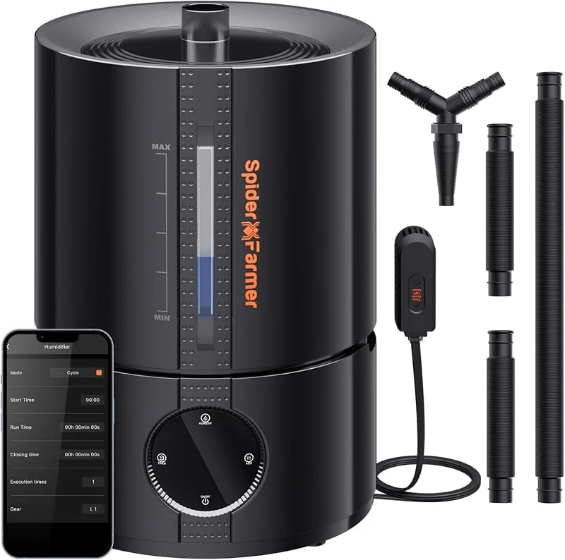 Spider Farmer Nuovo umidificatore da 450 ml, h per piante Tenda da coltivazione Camera da letto, GGS Smart Umidificatore a ultrasuoni con igrometro Nero Piccolo 5 L