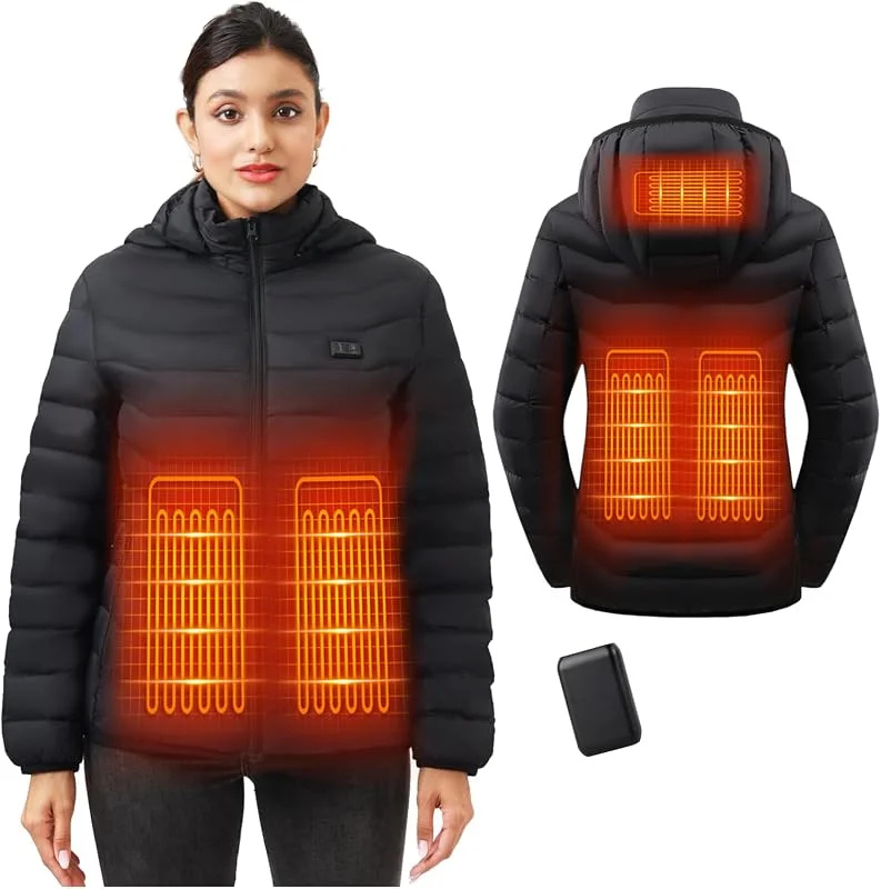 Mincoo Giacca Riscaldato con Cappuccio, Giacca invernale Uomo Calda con 3 Livelli di Riscaldamento, Porta di ricarica USB, Cappotti Impermeabile per Il Lavoro All'aperto Sci — Abbigliamento riscaldato