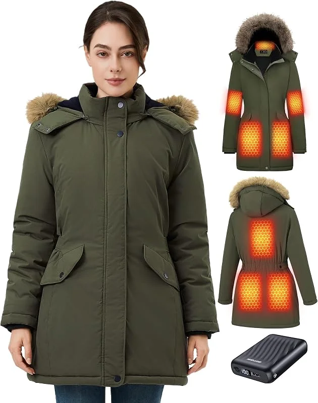Giacca Riscaldata Donna Con Batteria 12v 18400mah, 8 zone di riscaldamento con 3 livelli di temperatura, Parka caldo e impermeabile con cappuccio in pelliccia sintetica rimovibile — Abbigliamento riscaldato