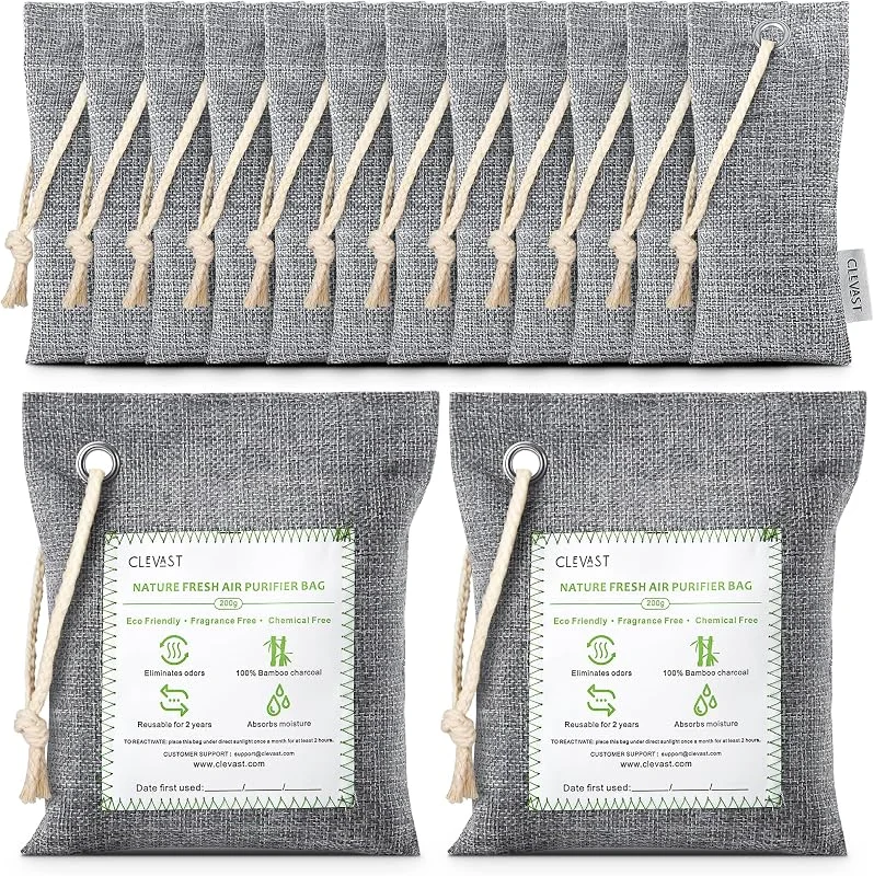 CLEVAST Sacchetti di purificazione dell'aria al carbone di legna di bambù 50g*12+200g*2, dell'umidità per armadio, scarpe, deodorante per auto per animali domestici — Umidificatore